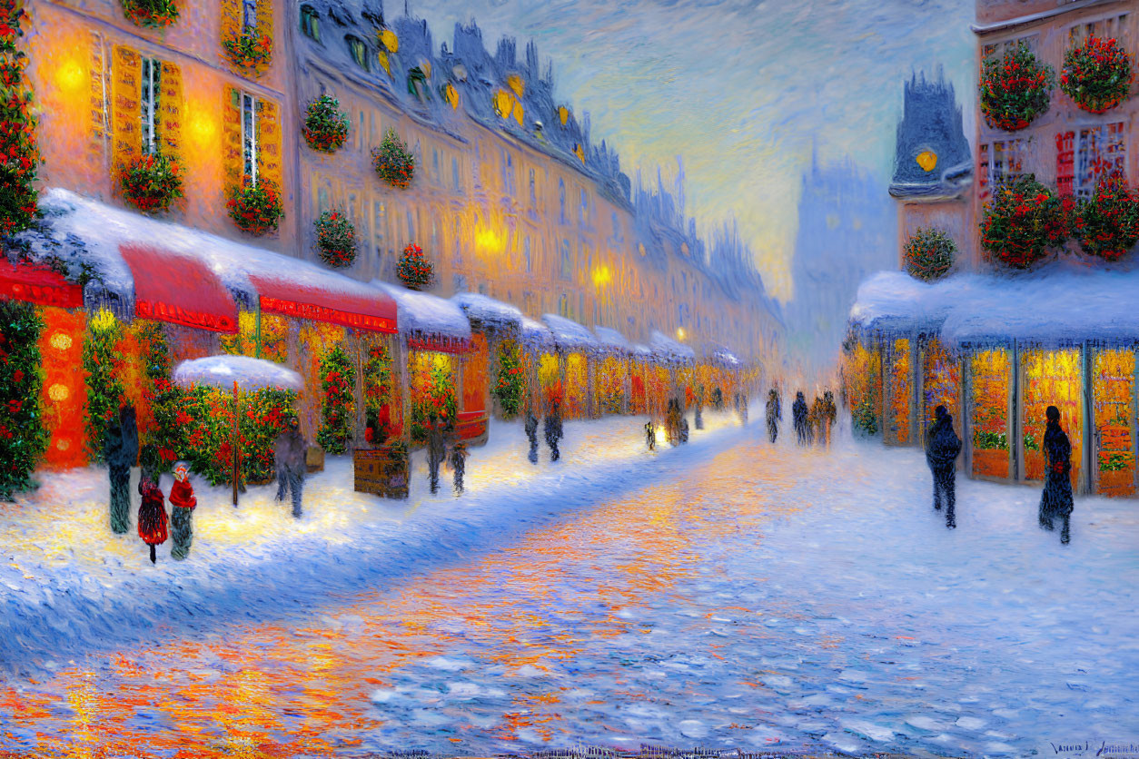 Snow-covered road with festive decorations and people walking