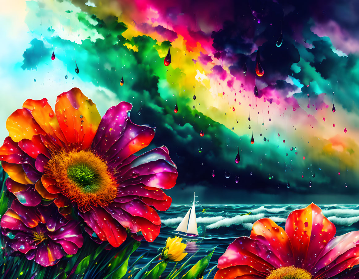 Colorful illustration of flowers, sailboat, rainbow sky & raindrops