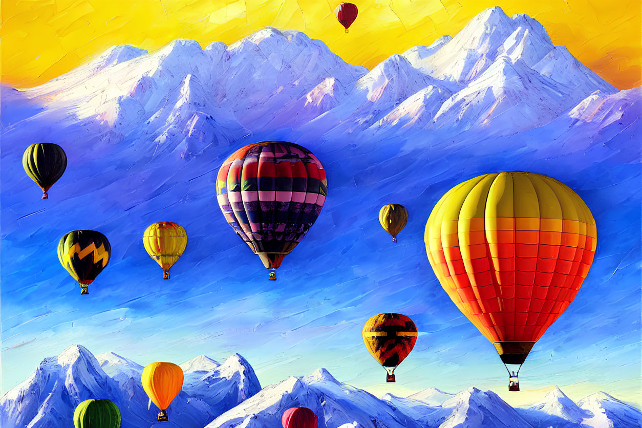 Vibrant hot air balloons over snow-capped mountains under blue sky