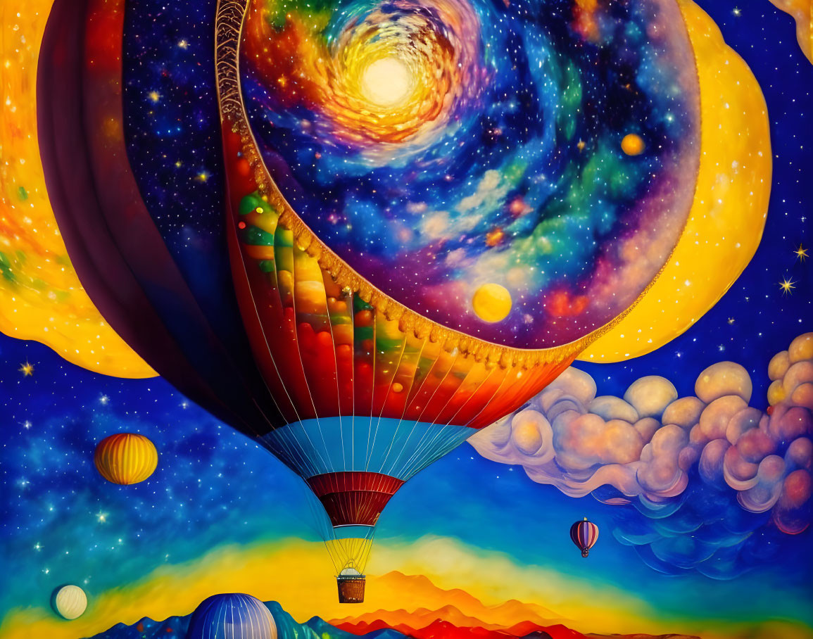 Colorful surreal painting: Hot air balloons, galaxy, planets, and mountains