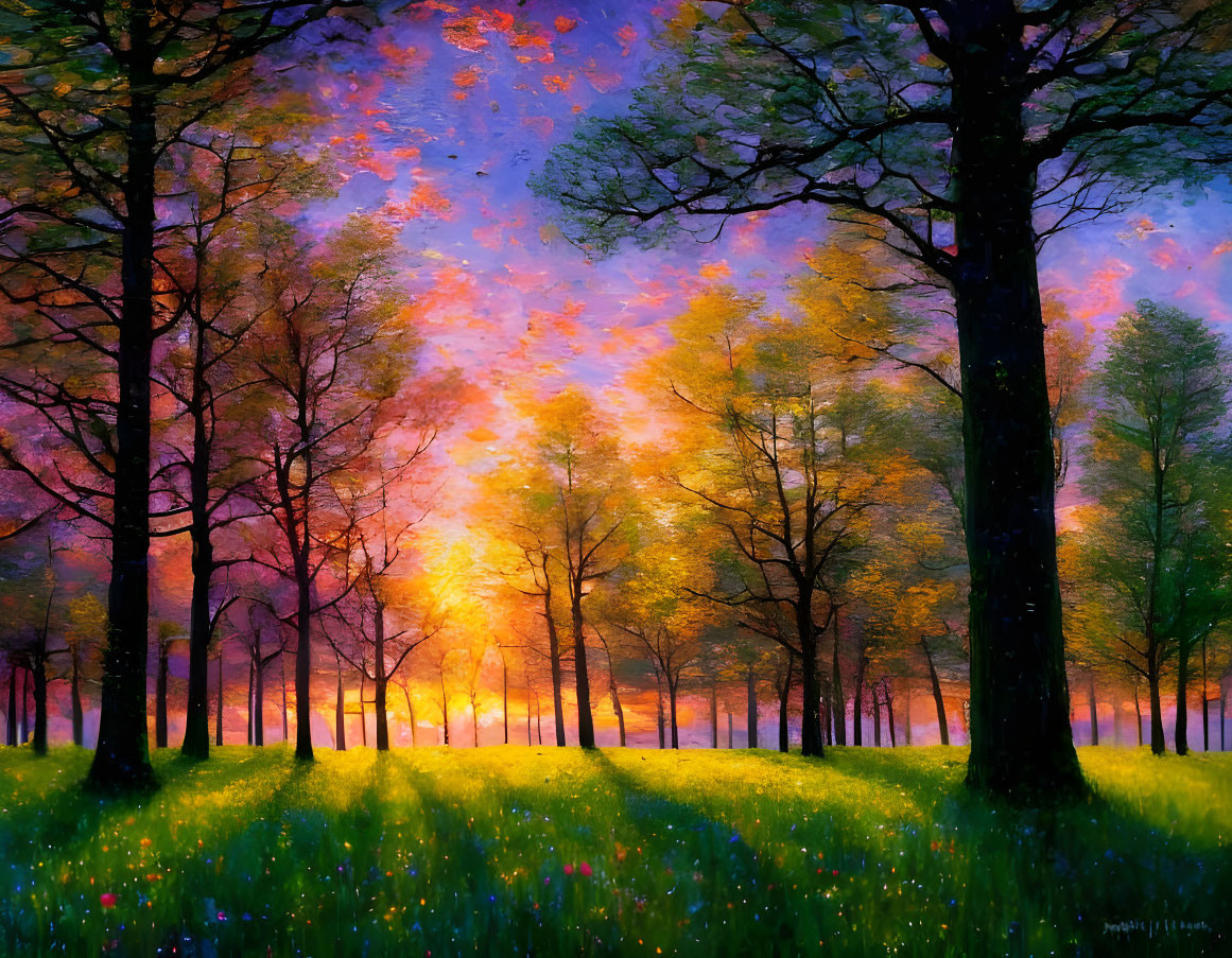 Colorful forest scene with sunlight, long shadows, flower meadow, pink and orange sky