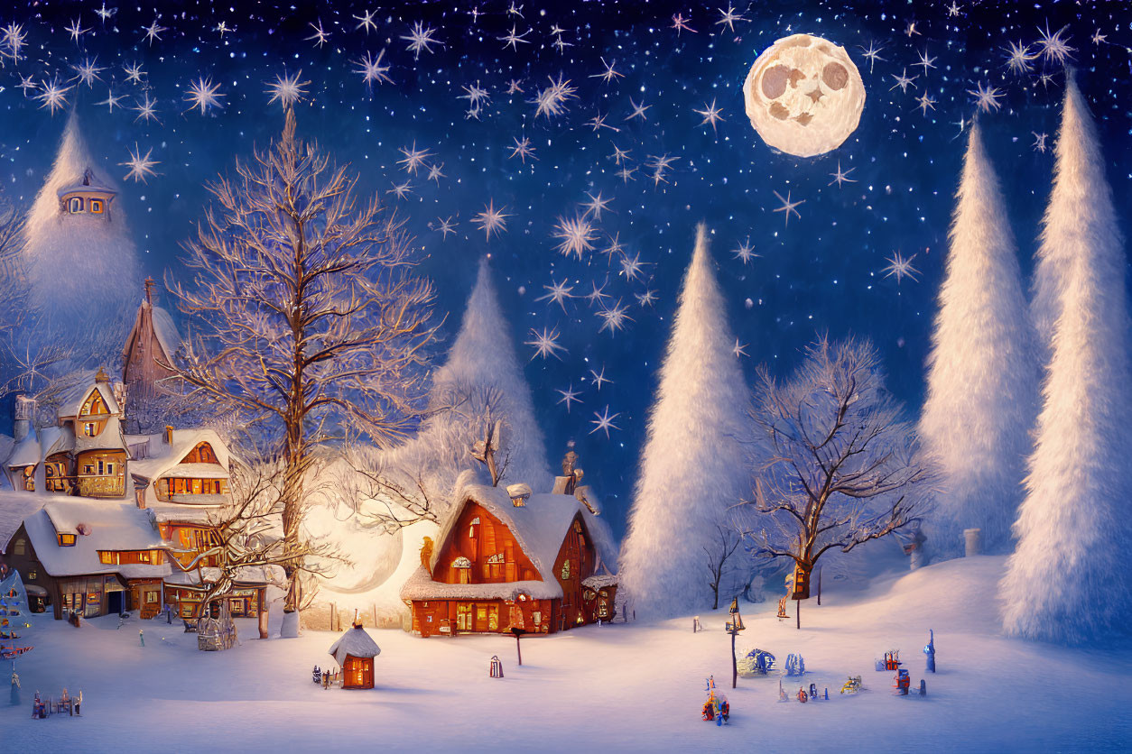 Snow-covered winter village scene at night with starry sky and full moon