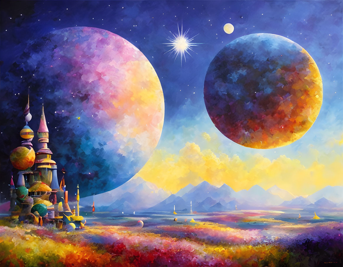 Fantasy landscape with castle, moons, starry sky, mountains