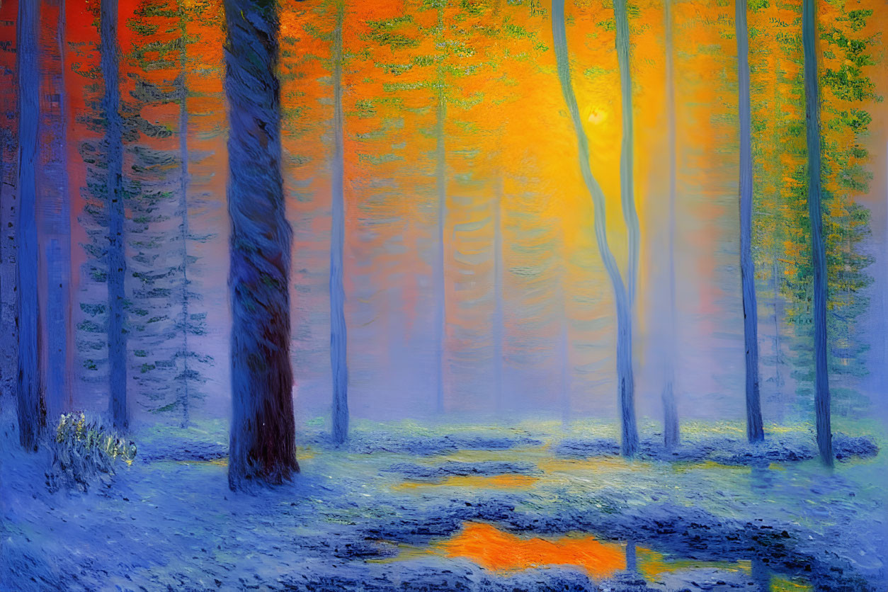 Mystical foggy forest with warm light at sunrise or sunset