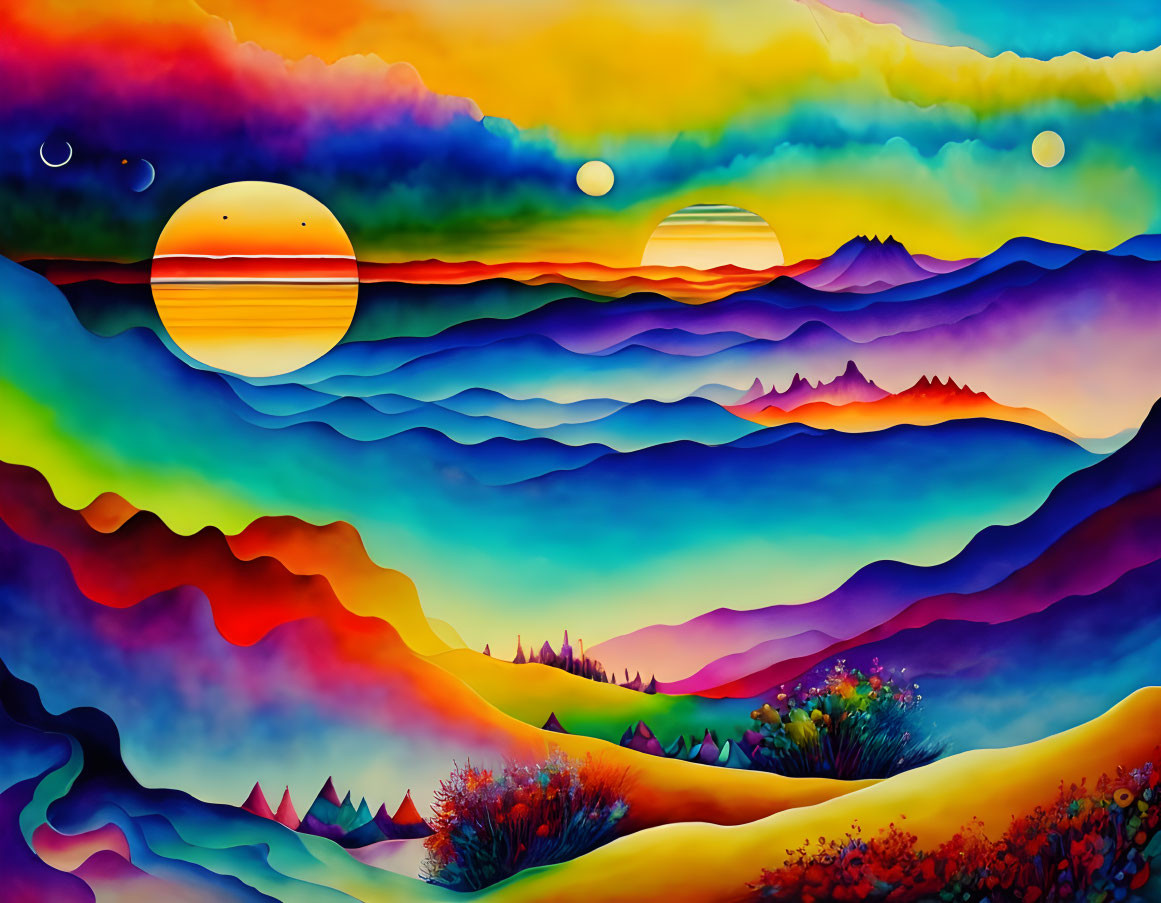 Colorful Surreal Landscape with Celestial Sunset and Whimsical Sky