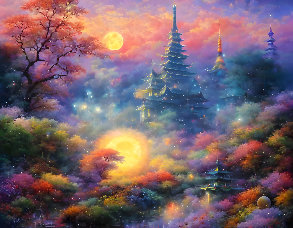 Colorful Trees and Pagodas in Mystical Moonlit Landscape