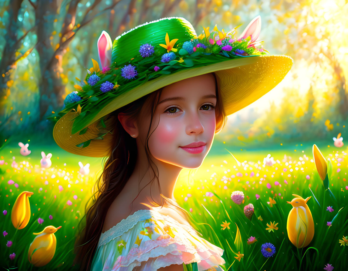 Young girl in floral hat surrounded by rabbits and flowers in vibrant meadow