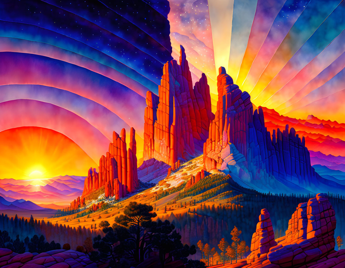 Colorful sunset illustration over red rock formations & starry sky.