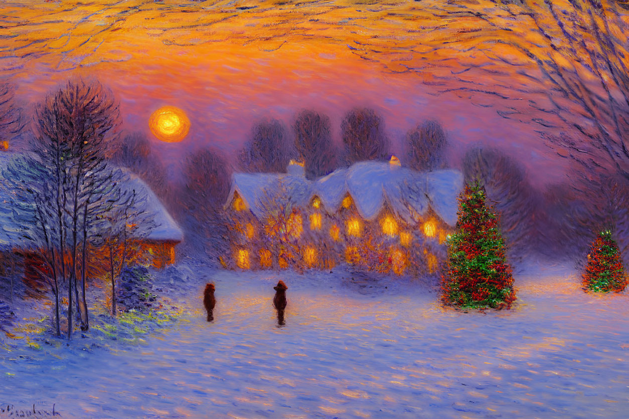 Winter evening with snowy cottage, walking couple, Christmas trees, and moonlit sky.