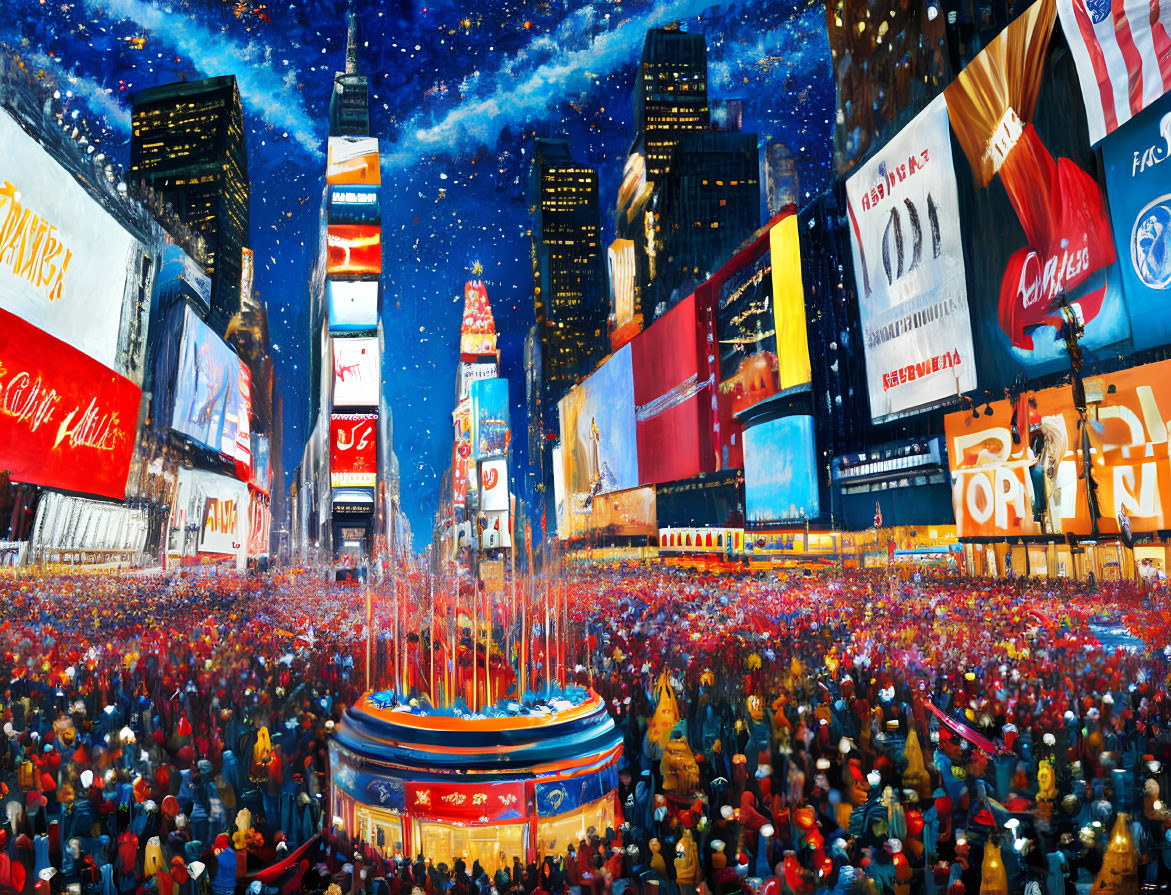 Colorful Times Square painting with bustling crowd and illuminated billboards