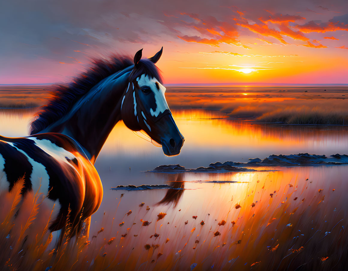 Black and White Horse Painting at Sunset on Water with Grass Landscape