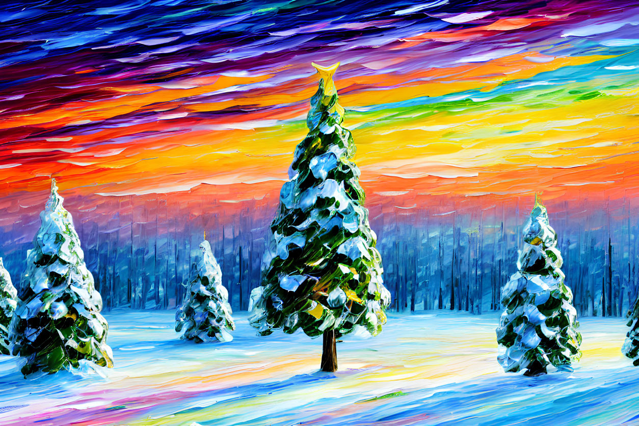 Vibrant pink, blue, and yellow sky over snowy evergreens with a star on top