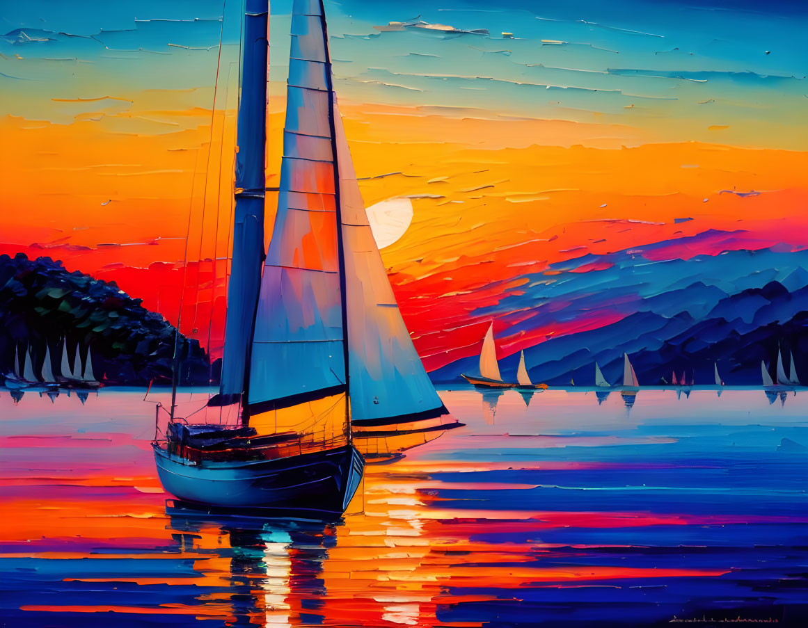 Sailboats painting: Vibrant sunset, calm waters & silhouetted hills