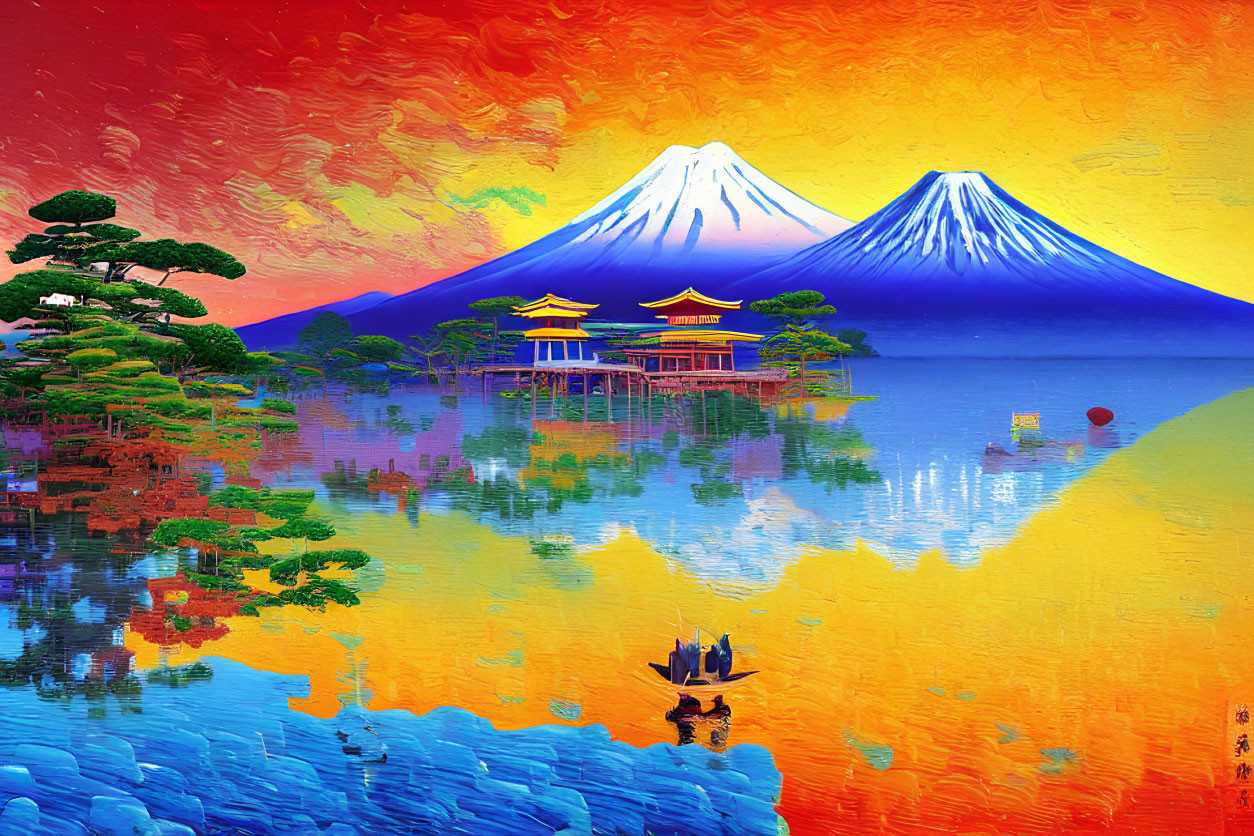 Colorful artwork of Mount Fuji, lake, and pine trees with boat