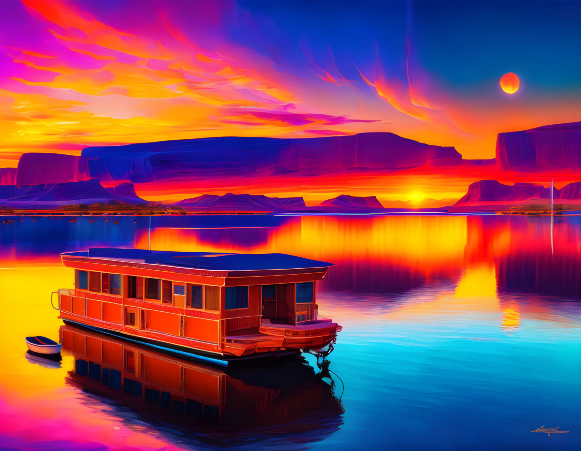 Houseboat on tranquil lake with cliffs and sunset sky