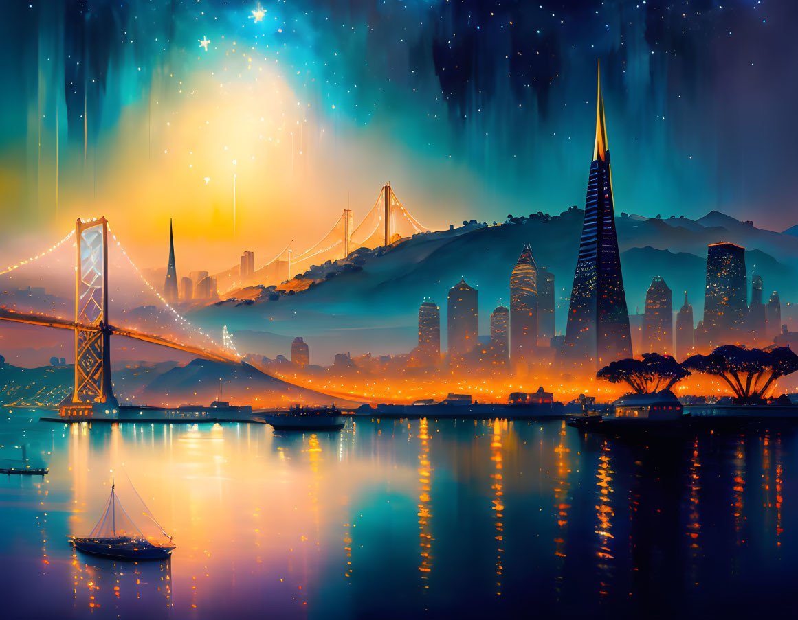 Cityscape artwork: vibrant dusk scene with bridge, skyscrapers, tower, and starry sky