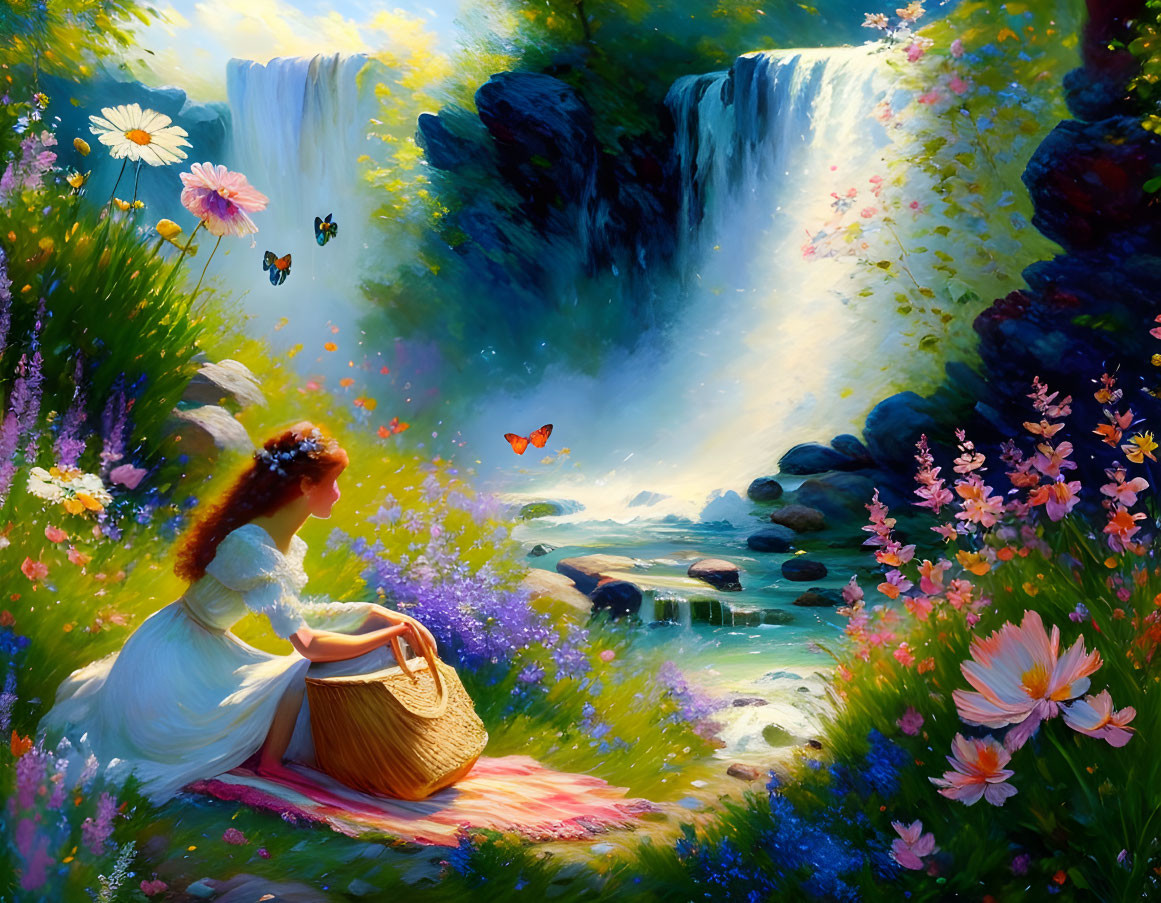 Woman relaxing by waterfall surrounded by flowers and butterflies