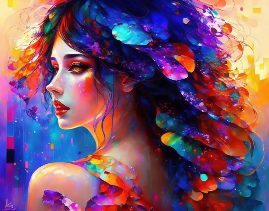 Vibrant digital painting of a woman with flowing hair on vivid background