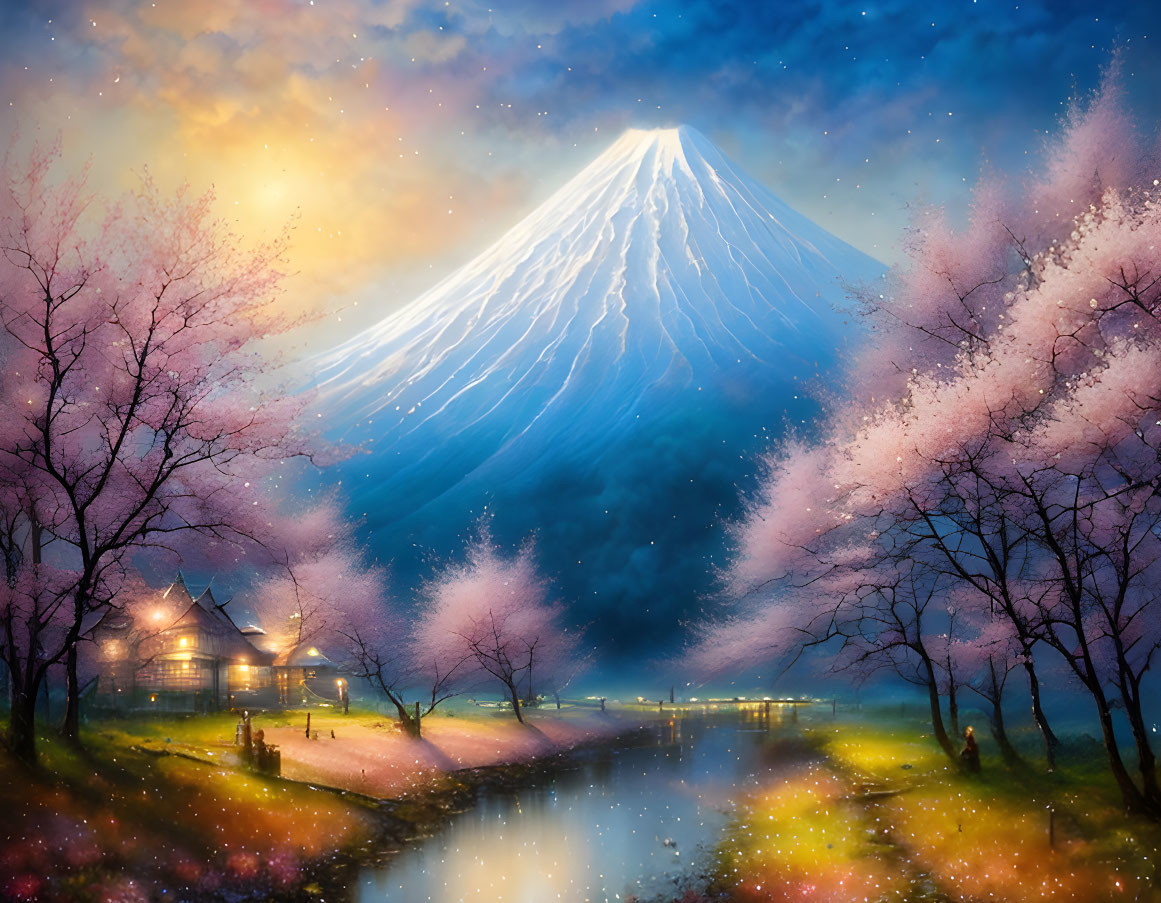 Snow-capped Mount Fuji at dusk with cherry blossoms, calm river, cozy house, starry