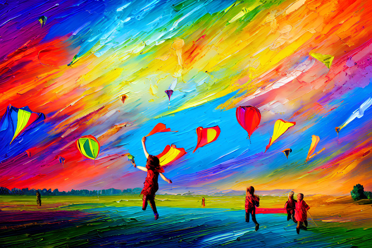 Colorful sky with hot air balloons and kites in vibrant painting