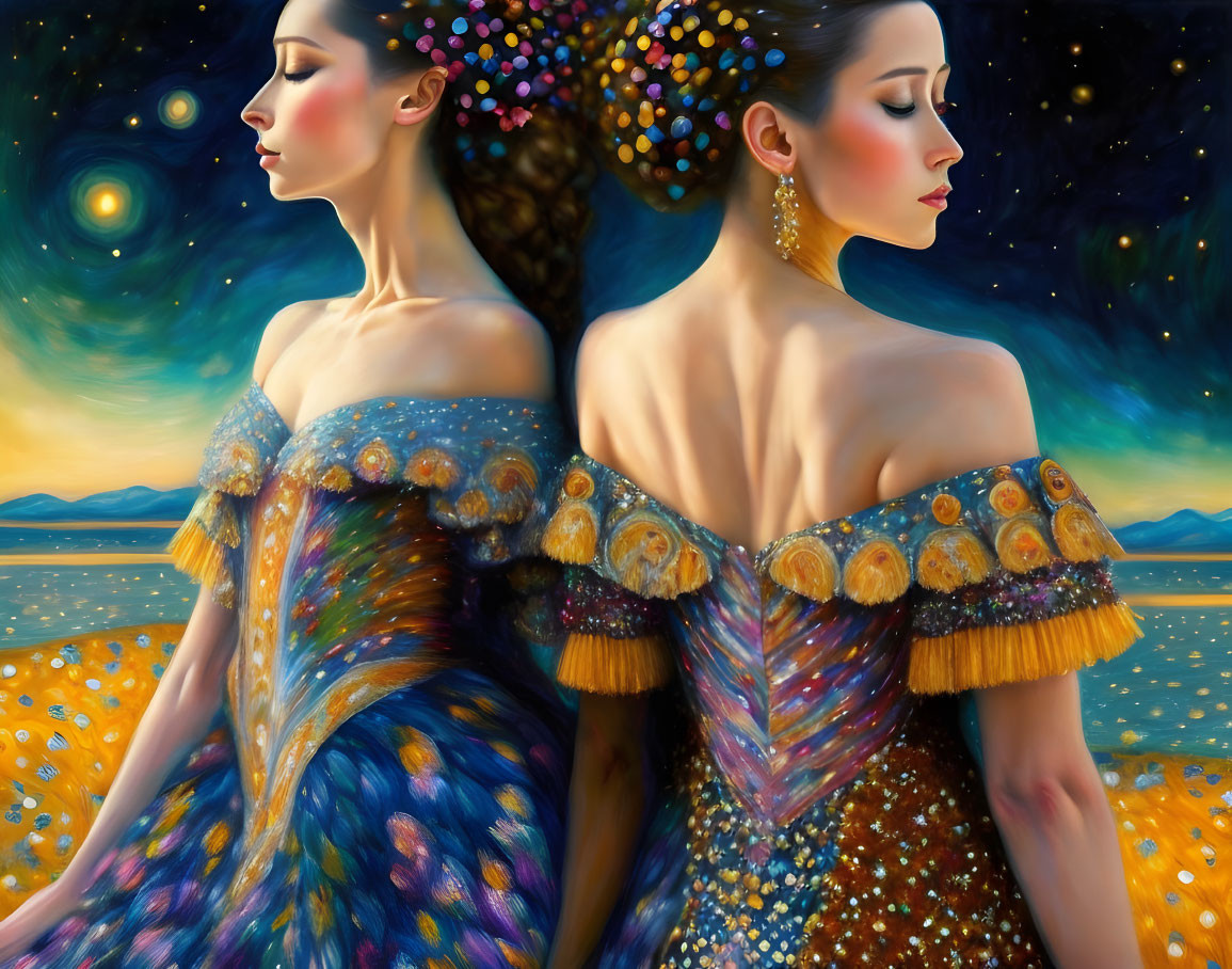 Two women in starry dresses against cosmic background