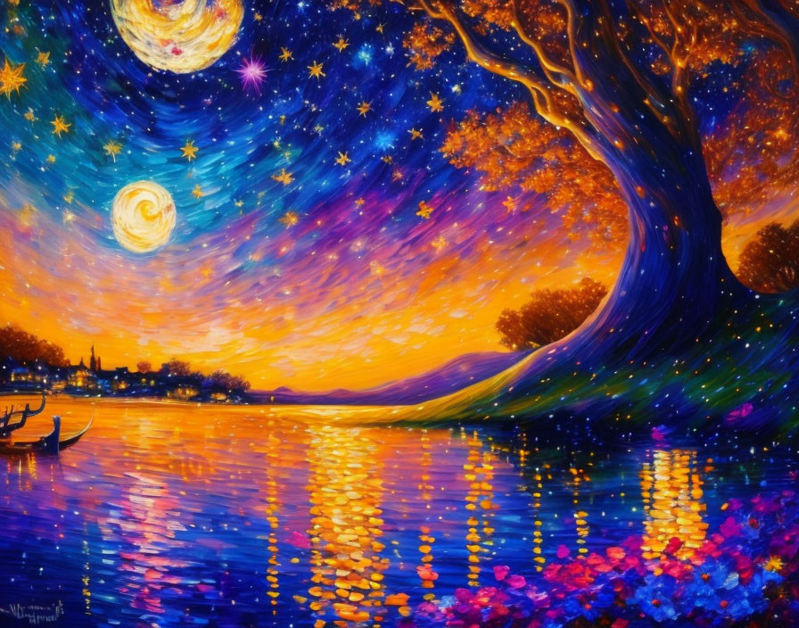 Impressionist-style painting of starry night sky above river tree