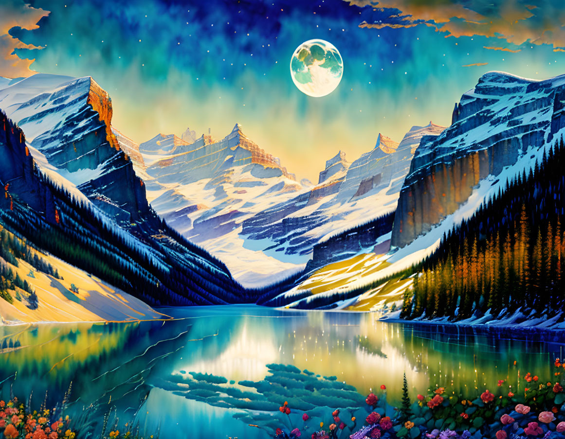 Digital artwork: Mountain landscape with lake under starry night sky