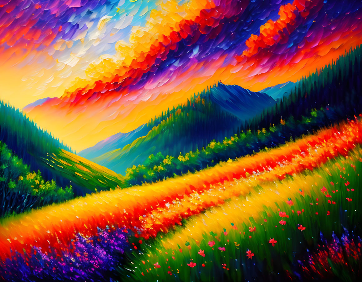 Colorful Mountain Landscape Painting with Sunset Sky and Flowers