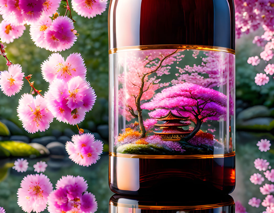 Vibrant cherry blossom tree in glass bottle with stone garden setting