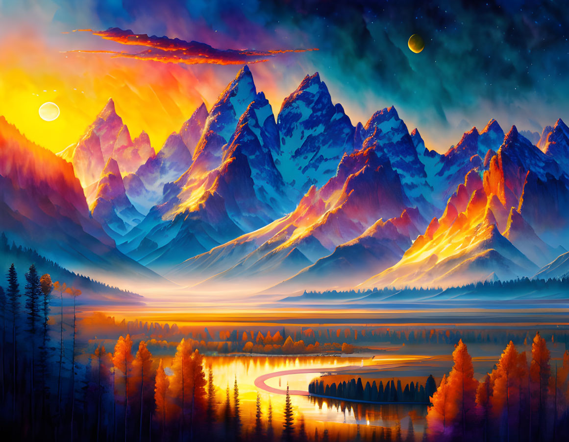 Fantastical landscape with snow-capped mountains, autumn forest, and dual moons.