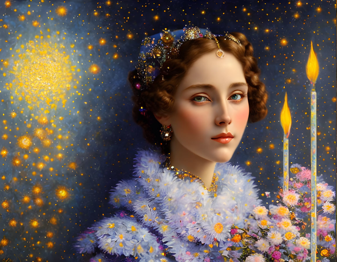 Digital art portrait of a woman with jeweled crown and candle in starry setting.