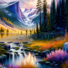 Serene mountain landscape with waterfall, river, colorful foliage, and sunset