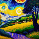 Vibrant painting of starry night sky over yellow landscape with cypress tree and village