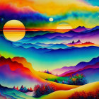 Colorful Surreal Landscape with Celestial Sunset and Whimsical Sky