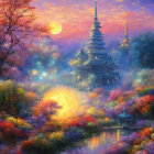 Colorful Trees and Pagodas in Mystical Moonlit Landscape