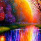 Colorful illuminated trees on mystical pathway by serene water