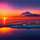 Colorful sunset over serene lake with purple and orange hues reflecting on mountains.