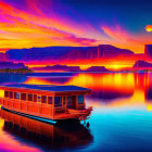 Houseboat on tranquil lake with cliffs and sunset sky