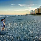 Vibrant Sunset Beachscape with Textured Waves