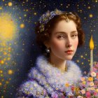 Digital art portrait of a woman with jeweled crown and candle in starry setting.