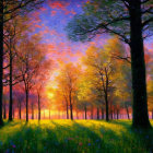 Colorful forest scene with sunlight, long shadows, flower meadow, pink and orange sky