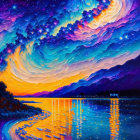 Starry Night Sky Painting Over Calm Lake at Sunset