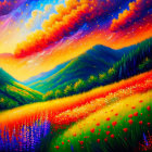 Colorful Mountain Landscape Painting with Sunset Sky and Flowers