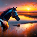 Black and White Horse Painting at Sunset on Water with Grass Landscape