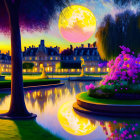 Twilight riverfront painting with full moon, illuminated buildings, blooming trees