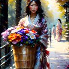 Traditional Attire Woman Carrying Basket of Flowers on Busy Autumn Street