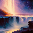 Niagara Falls night scene: illuminated water, crescent moon, city lights