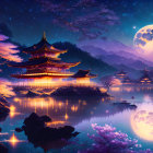 Japanese scene with temples, lake, moonlit sky, and cherry blossoms