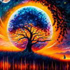 Colorful Tree Silhouette Painting with Moon, Sky Gradient, Shooting Stars, and Figures