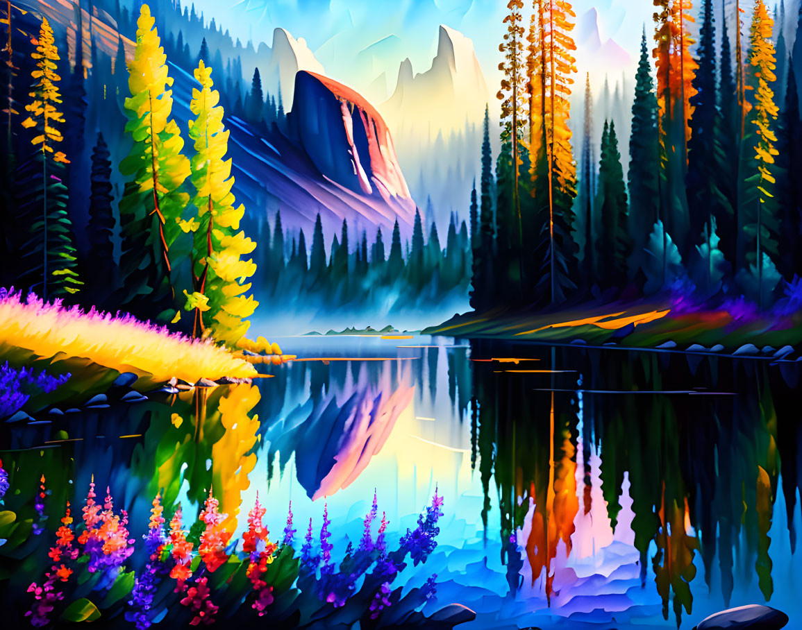 Colorful Mountain Landscape with Trees and Flowers by Tranquil Lake